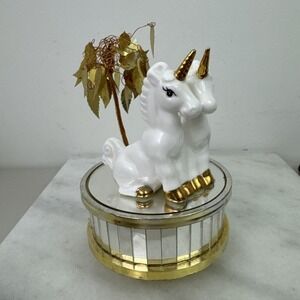 VTG Unicorn Music Box Mirrored Spins Plays 80s Enesco Gold White Silver Fantasy